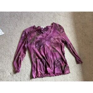 Victor Carlini Size L‎ Floral Mesh Top Long Sleeve Pink Purple Lettuce Trim Y2K
